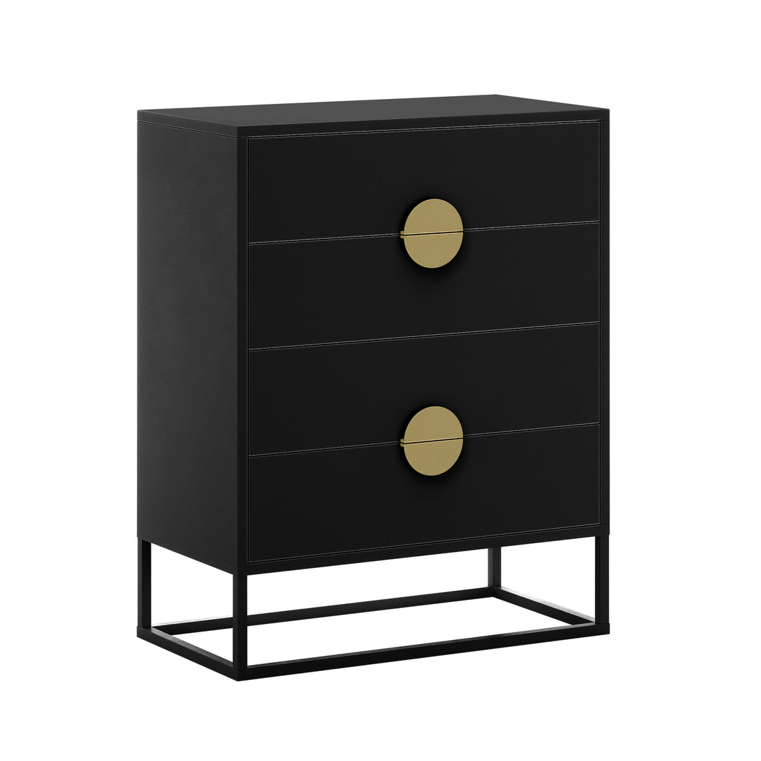 Abigail 76cm Tallboy Dresser with Storage - Black features a modern matte black design with three drawers, each with a central brass pull, resting on a sleek, open-frame metal base.