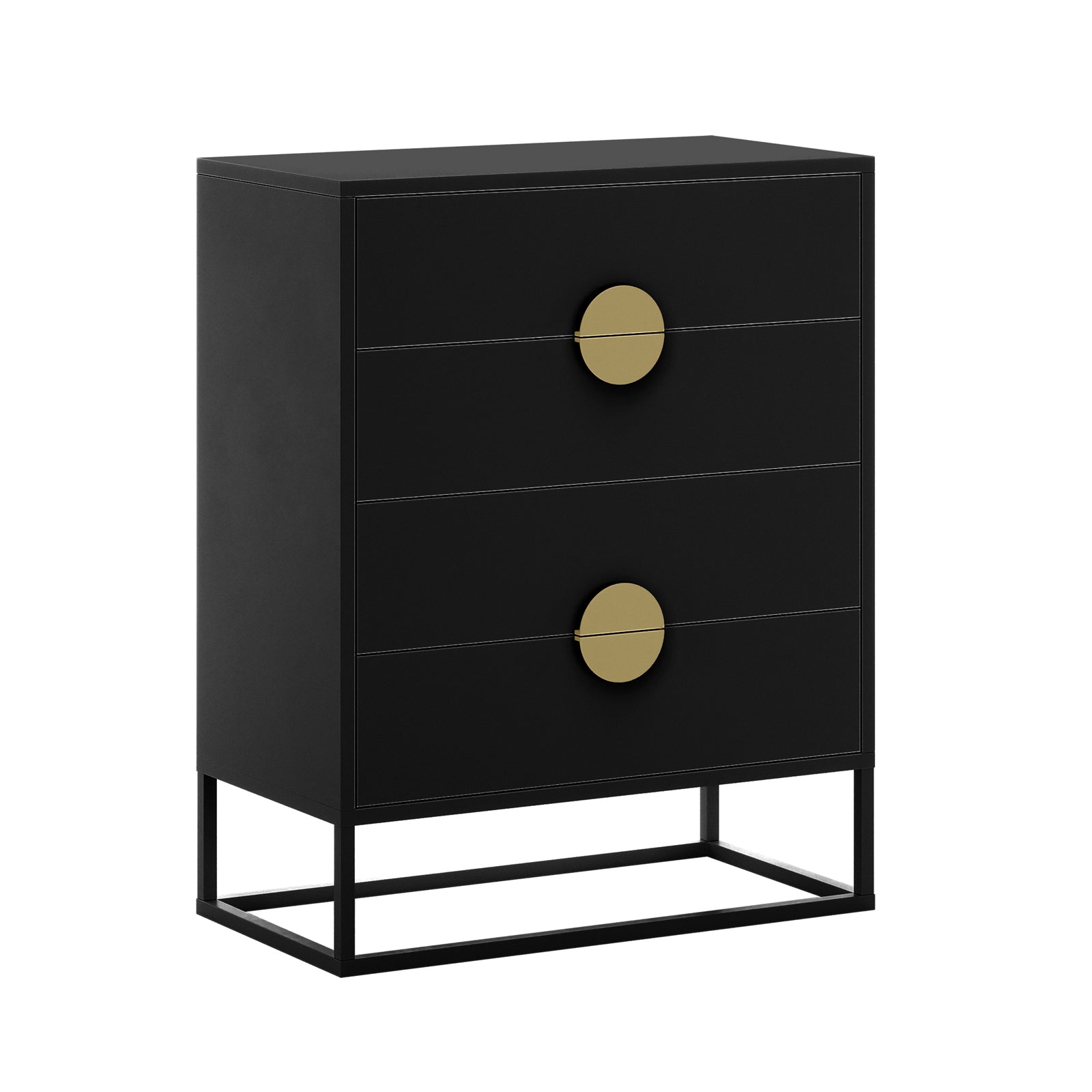 Abigail 76cm Tallboy Dresser with Storage - Black features a modern matte black design with three drawers, each with a central brass pull, resting on a sleek, open-frame metal base.