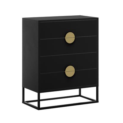 Abigail 76cm Tallboy Dresser with Storage - Black features a modern matte black design with three drawers, each with a central brass pull, resting on a sleek, open-frame metal base.