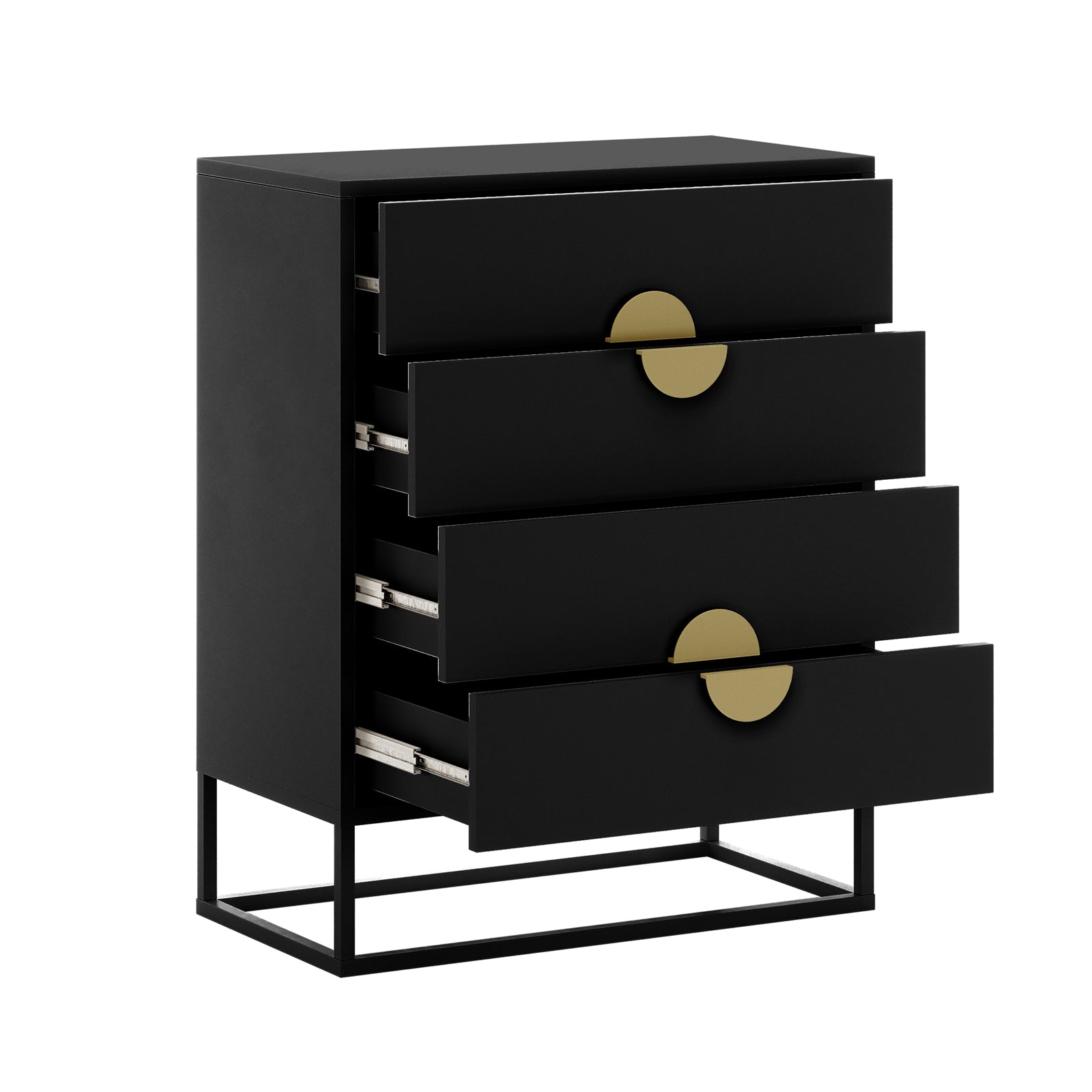 Abigail 76cm Tallboy Dresser with Storage - Black features a matte-black finish, four drawers with brass half-moon pulls, and a black metal frame, showcasing modern design and ample storage.