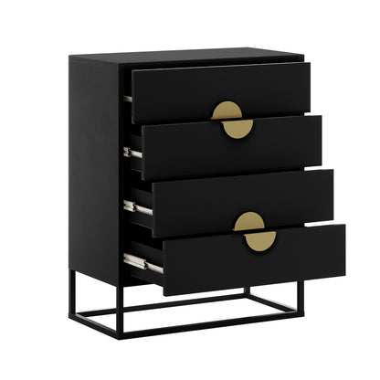 Abigail 76cm Tallboy Dresser with Storage - Black features a matte-black finish, four drawers with brass half-moon pulls, and a black metal frame, showcasing modern design and ample storage.