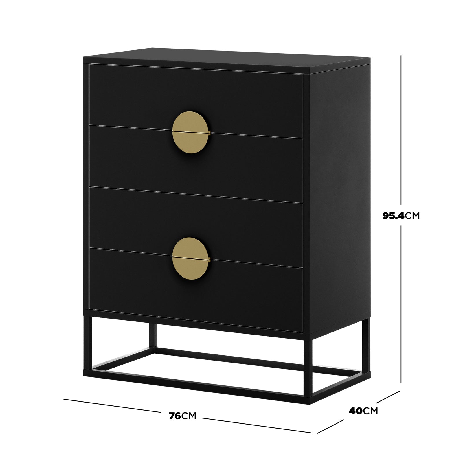 Abigail 76cm Tallboy Dresser with Storage - Blackk, featuring a sleek matte black finish, three drawers with oversized brushed brass pulls, and a minimal open rectangular metal base for modern elegance.