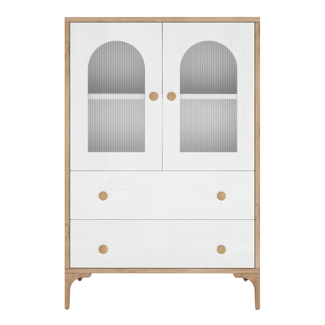 Afra 80cm Buffet Cabinet with Glass Doors, featuring white panels, natural wood trim, ribbed glass doors, two drawers, and short curved legs, offers stylish storage for dining spaces.