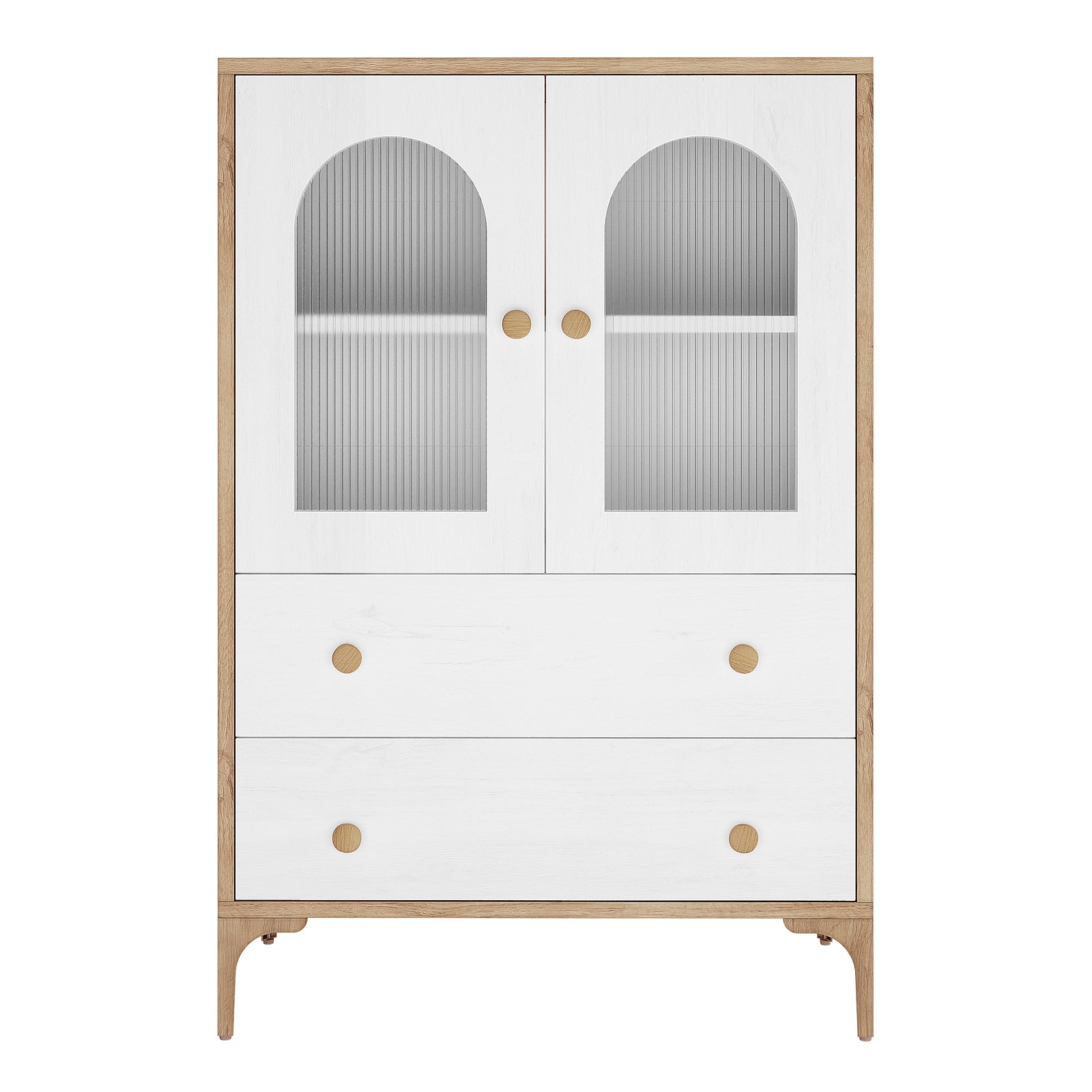 Afra 80cm Buffet Cabinet with Glass Doors, featuring white panels, natural wood trim, ribbed glass doors, two drawers, and short curved legs, offers stylish storage for dining spaces.