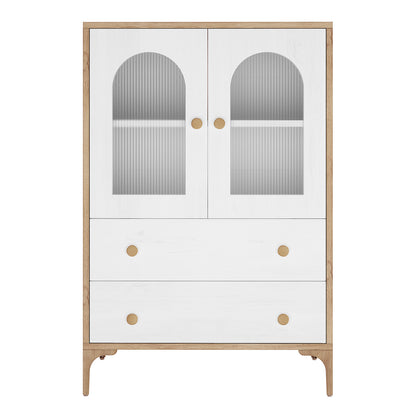 Afra 80cm Buffet Cabinet with Glass Doors, featuring white panels, natural wood trim, ribbed glass doors, two drawers, and short curved legs, offers stylish storage for dining spaces.