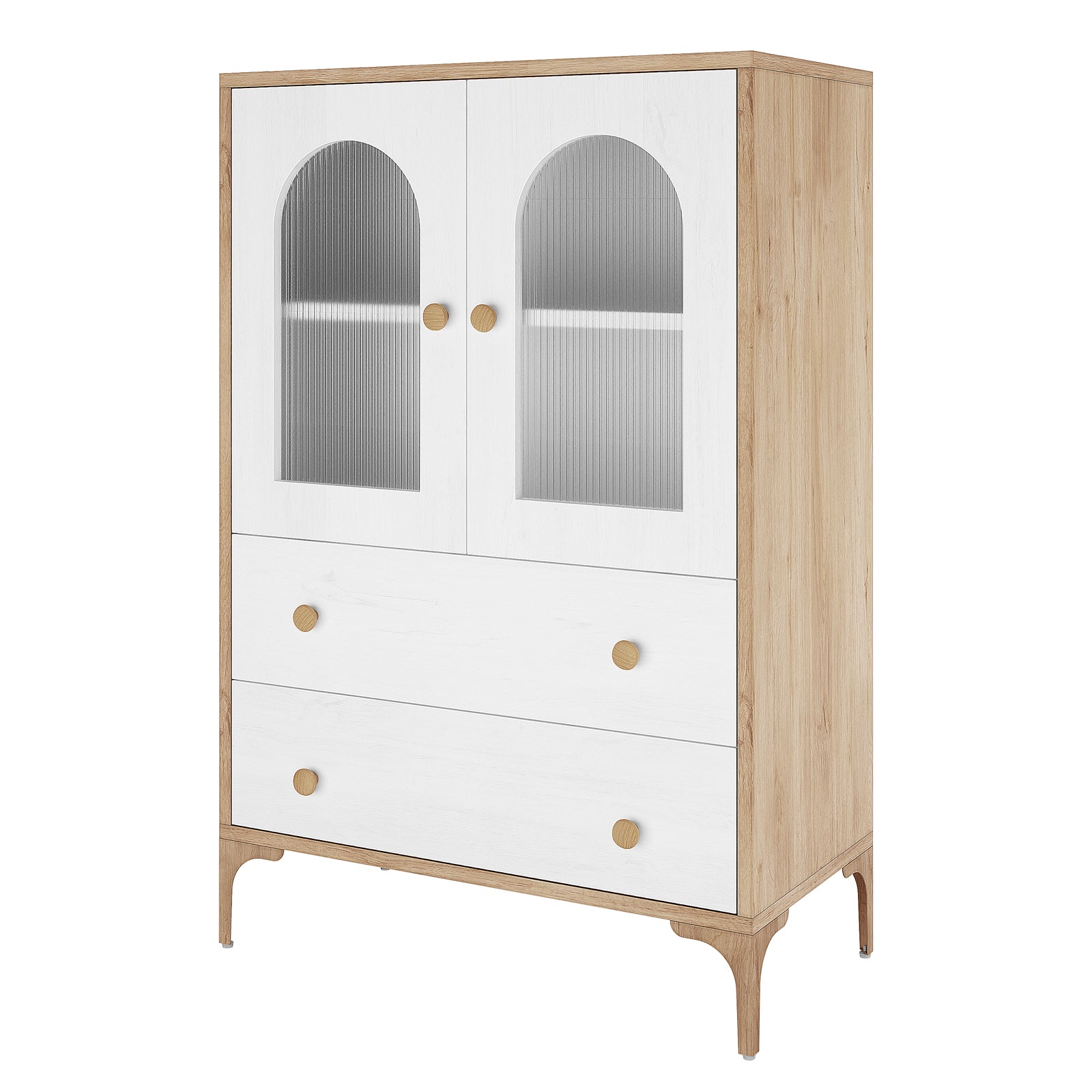 Afra 80cm Buffet Cabinet with Glass Doors in White & Natural features two-tone wood, white drawers with wooden knobs, fluted-glass doors, and slender, splayed wooden legs, embodying elegance and functionality.