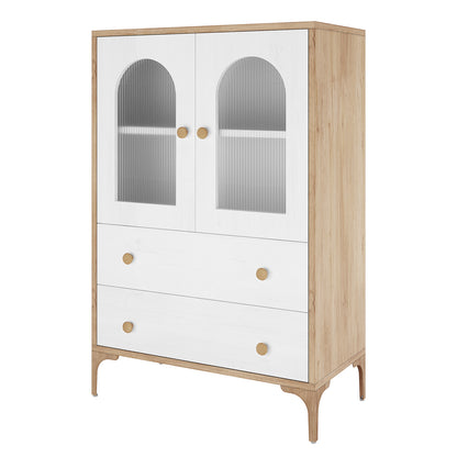 Afra 80cm Buffet Cabinet with Glass Doors in White & Natural features two-tone wood, white drawers with wooden knobs, fluted-glass doors, and slender, splayed wooden legs, embodying elegance and functionality.