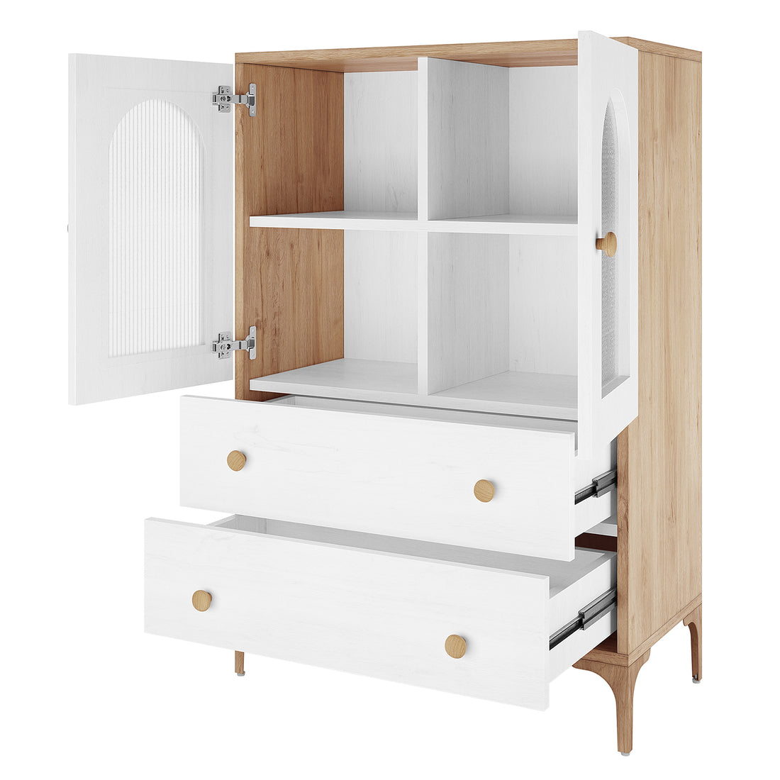Afra 80cm Buffet Cabinet with Glass Doors in White & Natural, featuring two drawers, two-door compartment with four cubbyholes, mixed-wood frame, white fronts, and tapered wood legs.