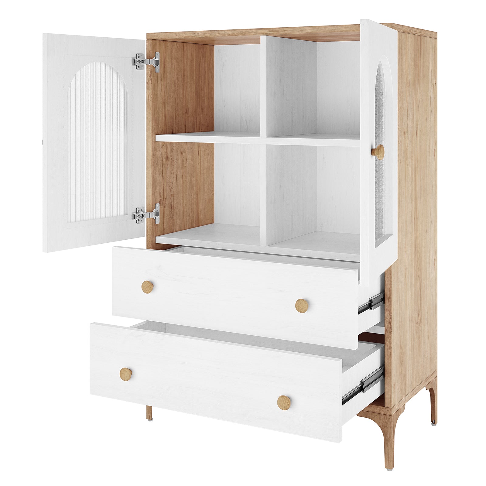 Afra 80cm Buffet Cabinet with Glass Doors in White & Natural, featuring two drawers, two-door compartment with four cubbyholes, mixed-wood frame, white fronts, and tapered wood legs.