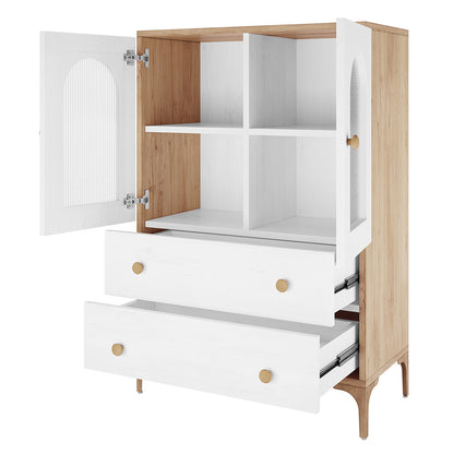 Afra 80cm Buffet Cabinet with Glass Doors in White & Natural, featuring two drawers, two-door compartment with four cubbyholes, mixed-wood frame, white fronts, and tapered wood legs.