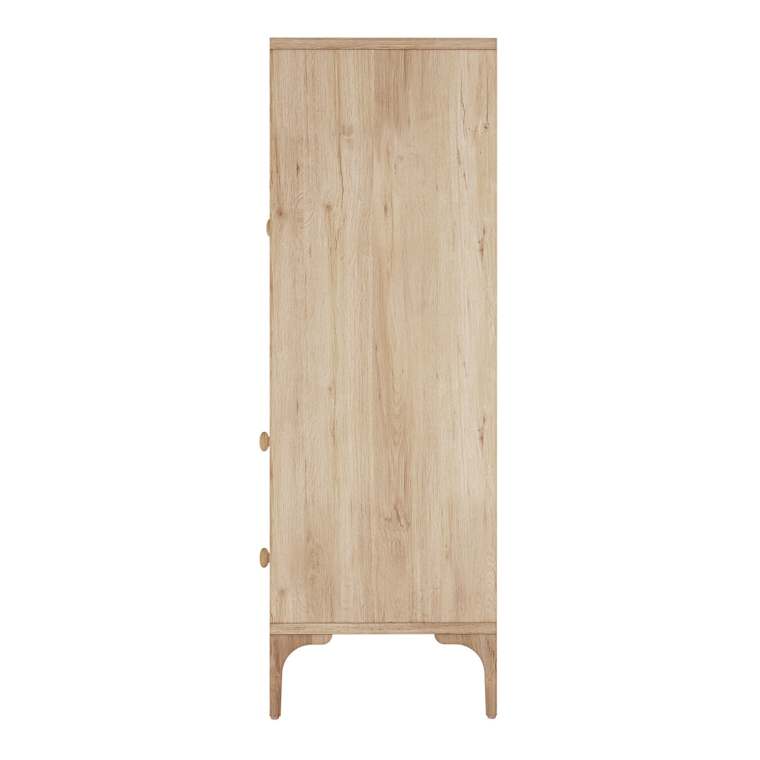 Afra 80cm Buffet Cabinet with Glass Doors in White & Natural, featuring a tall, narrow design on short legs, with polywood knobs and visible fluted glass doors for elegant storage.