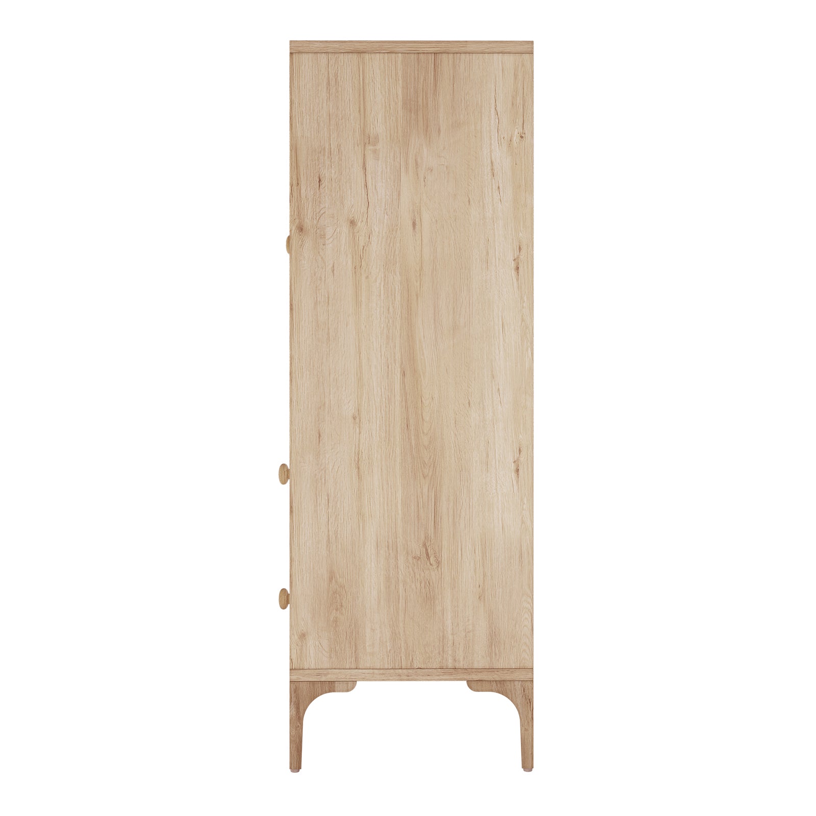 Afra 80cm Buffet Cabinet with Glass Doors in White & Natural, featuring a tall, narrow design on short legs, with polywood knobs and visible fluted glass doors for elegant storage.