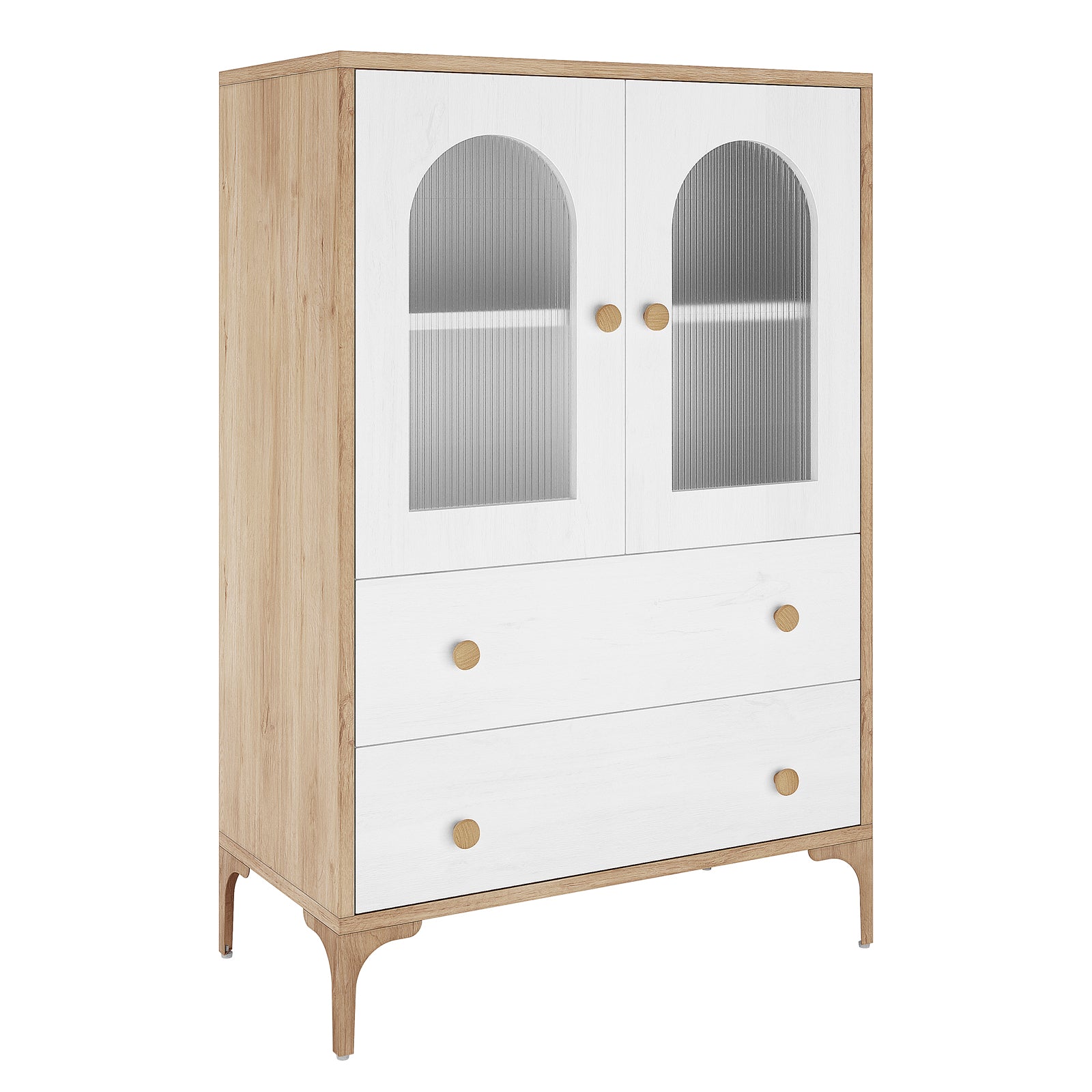 Afra 80cm Buffet Cabinet with Glass Doors in White & Natural, featuring a natural-wood frame, two arched ribbed-glass doors with wooden knobs, and two wide drawers on slender tapered legs.