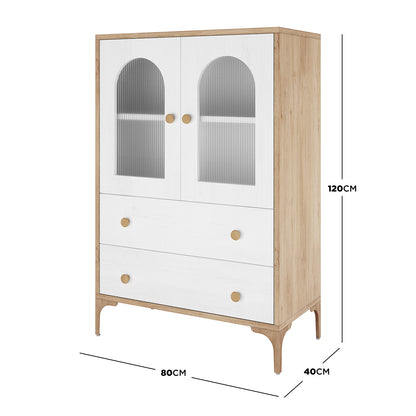 Afra 80cm Buffet Cabinet with Glass Doors in White & Natural, featuring ribbed glass doors, two drawers with oak knobs, and tapered legs, showcasing mid-century design with elegant storage solutions.
