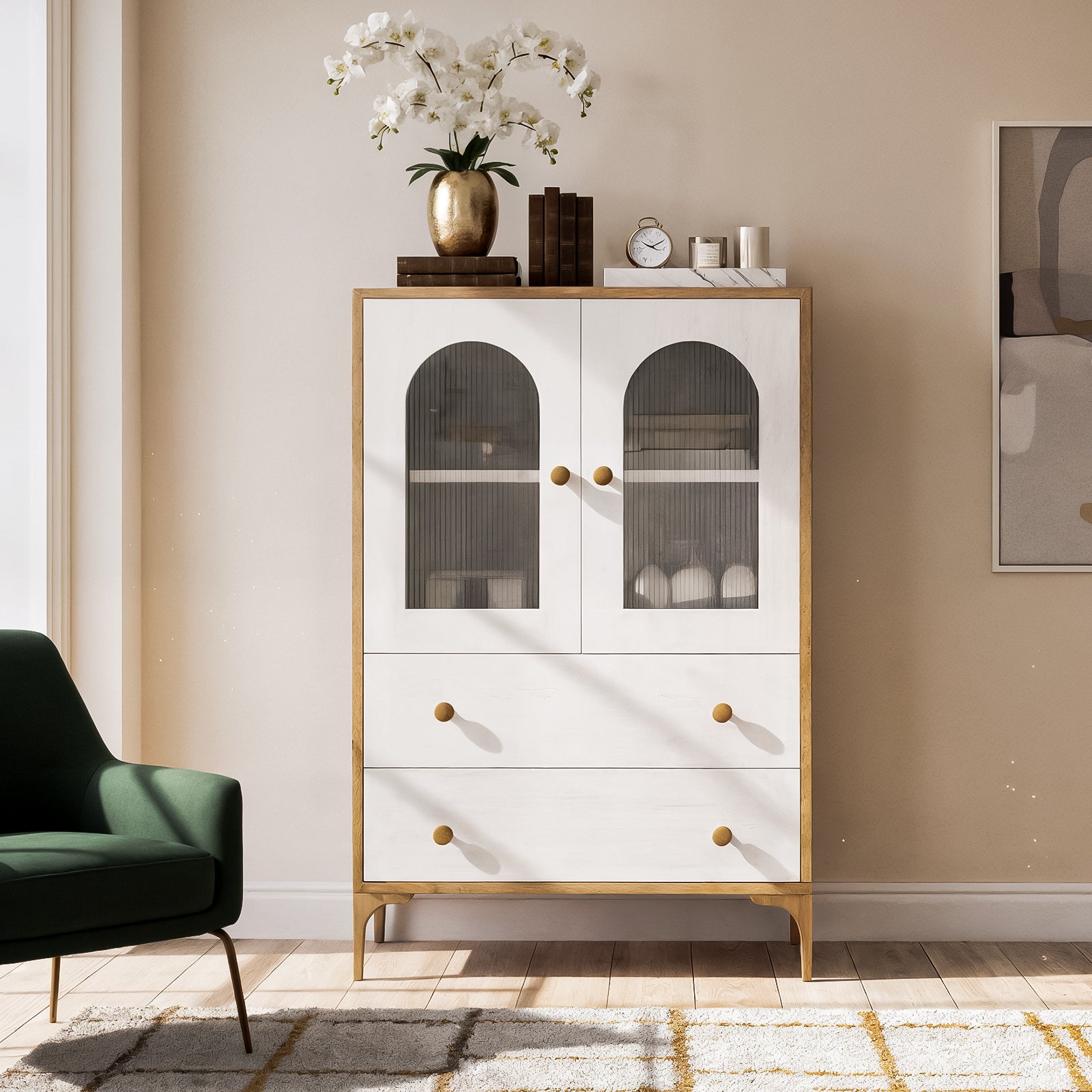 Afra 80cm Buffet Cabinet with Glass Doors in White & Natural, featuring two-tone design, arched glass doors, polywood knobs, stacked dishes inside, books, and decor on top.