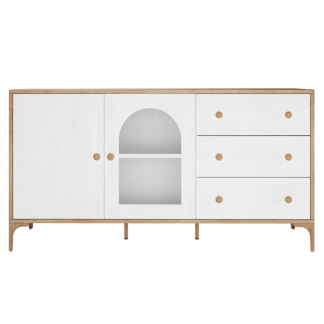 Afra 160cm Sideboard Buffet with Drawers in White & Natural featuring a light wood frame, white doors, fluted glass panel, and slender wooden legs, ideal for modern dining or living spaces.