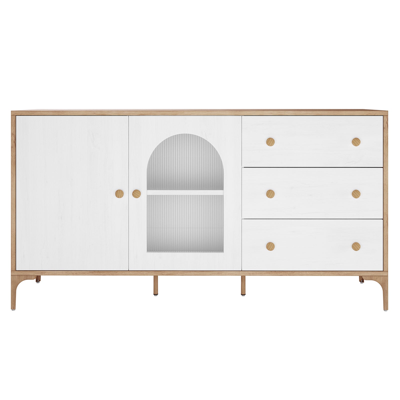 Afra 160cm Sideboard Buffet with Drawers in White & Natural featuring a light wood frame, white doors, fluted glass panel, and slender wooden legs, ideal for modern dining or living spaces.