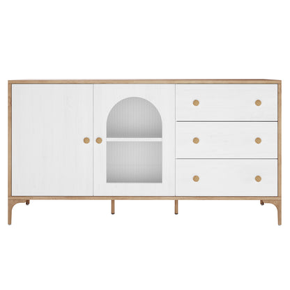 Afra 160cm Sideboard Buffet with Drawers in White & Natural featuring a light wood frame, white doors, fluted glass panel, and slender wooden legs, ideal for modern dining or living spaces.