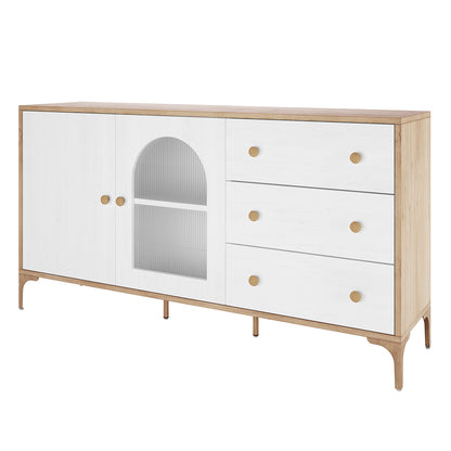 Afra 160cm Sideboard Buffet with Drawers in White & Natural features a light oak-toned frame, white doors, ribbed-glass panel, and three wood-knobbed drawers, blending elegance and functionality.