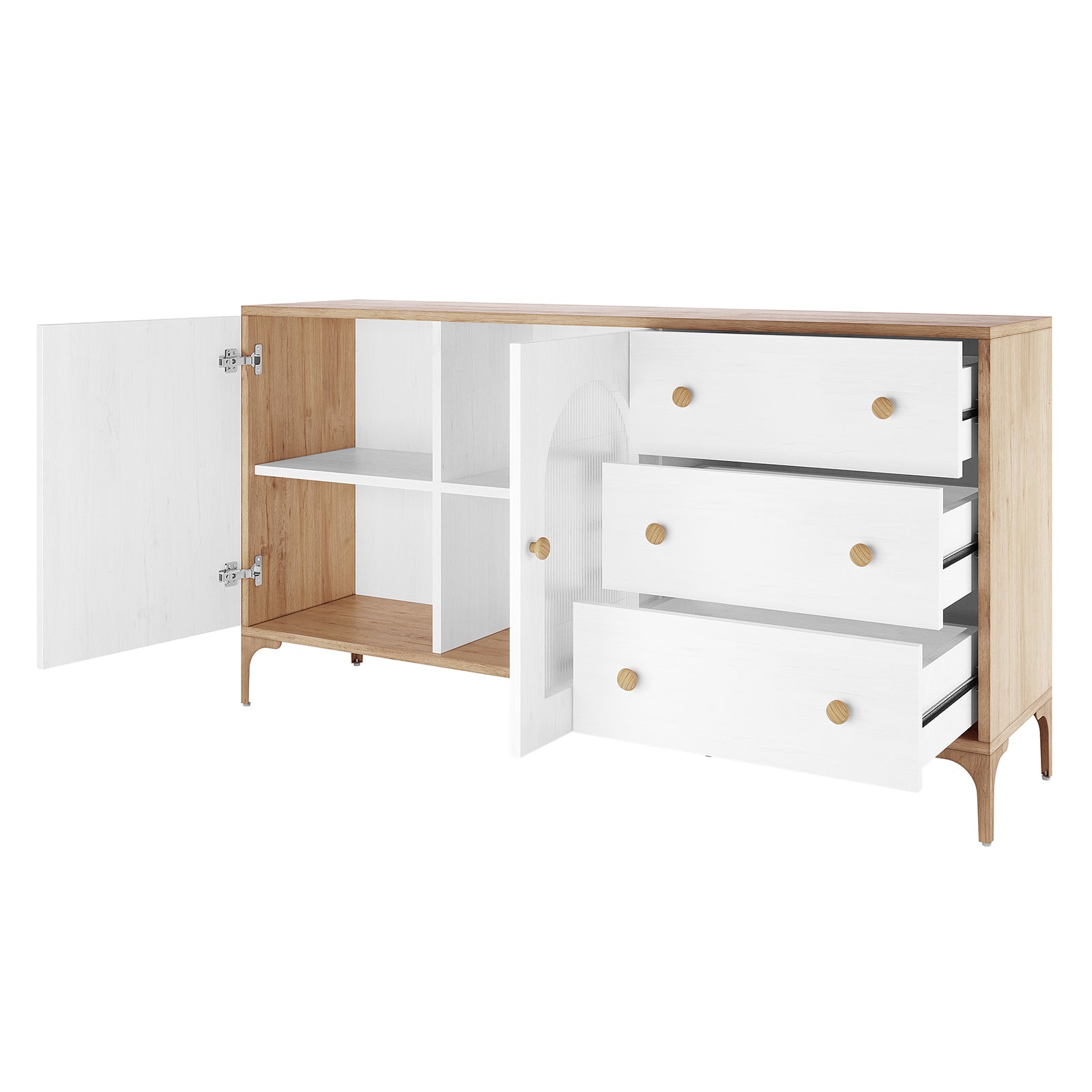Afra 160cm Sideboard Buffet with Drawers in White & Natural features a two-tone wooden design, left cabinet with shelves, and right side with three drawers, all on a plain background.