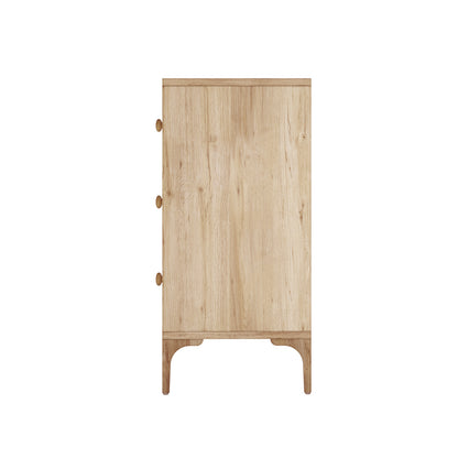 Afra 160cm Sideboard Buffet with Drawers in White & Natural, featuring a tall, narrow wooden frame, single door with three round knobs, standing on short legs, showcasing modern elegance and functionality.