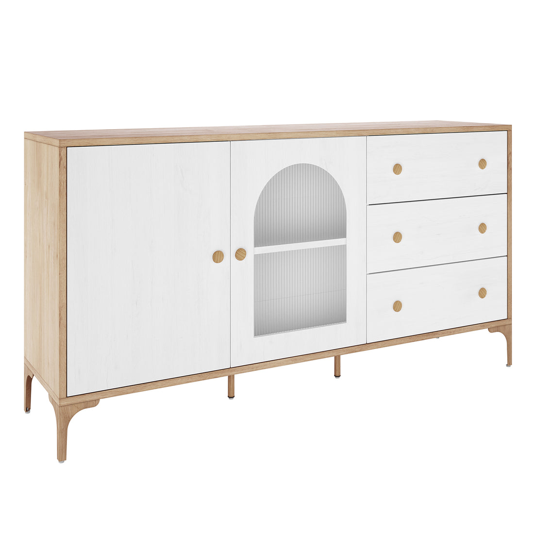 Afra 80cm Buffet Cabinet features a light wood frame, white-painted doors, ribbed-glass panel, and three drawers. Ideal for living or dining spaces, combining elegance and functionality.