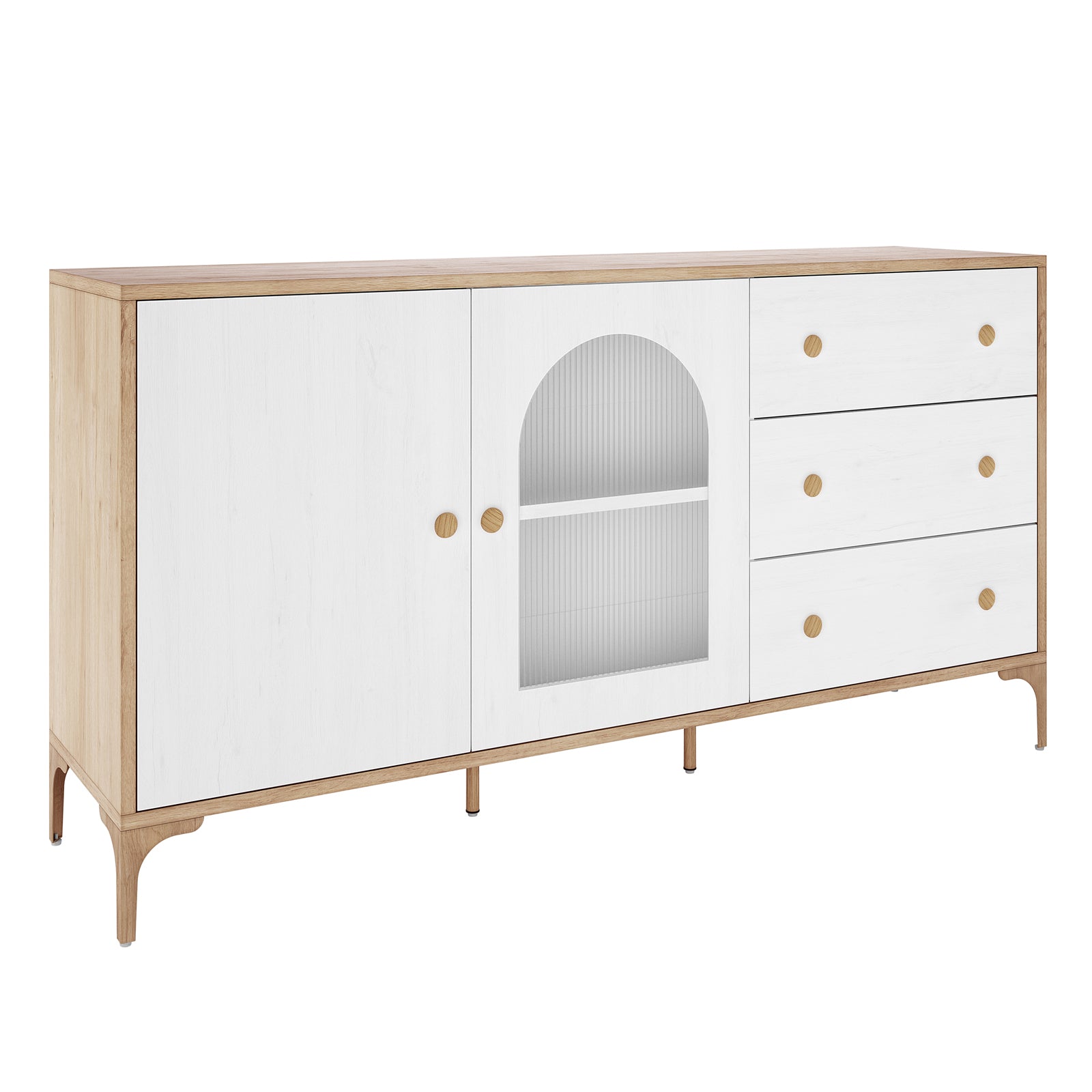 Afra 80cm Buffet Cabinet features a light wood frame, white-painted doors, ribbed-glass panel, and three drawers. Ideal for living or dining spaces, combining elegance and functionality.