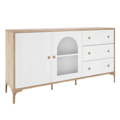 Afra 80cm Buffet Cabinet features a light wood frame, white-painted doors, ribbed-glass panel, and three drawers. Ideal for living or dining spaces, combining elegance and functionality.