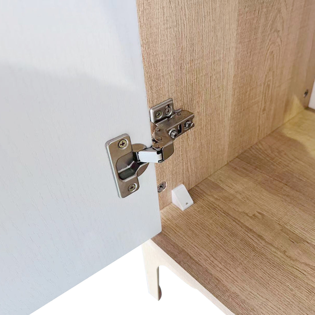 Afra 160cm Sideboard Buffet with Drawers in White & Natural; features European-style concealed hinges, a white plastic bumper, and wood-grain cabinet interior, showcasing its functional design and sturdy construction.