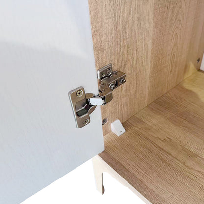 Afra 160cm Sideboard Buffet with Drawers in White & Natural; features European-style concealed hinges, a white plastic bumper, and wood-grain cabinet interior, showcasing its functional design and sturdy construction.