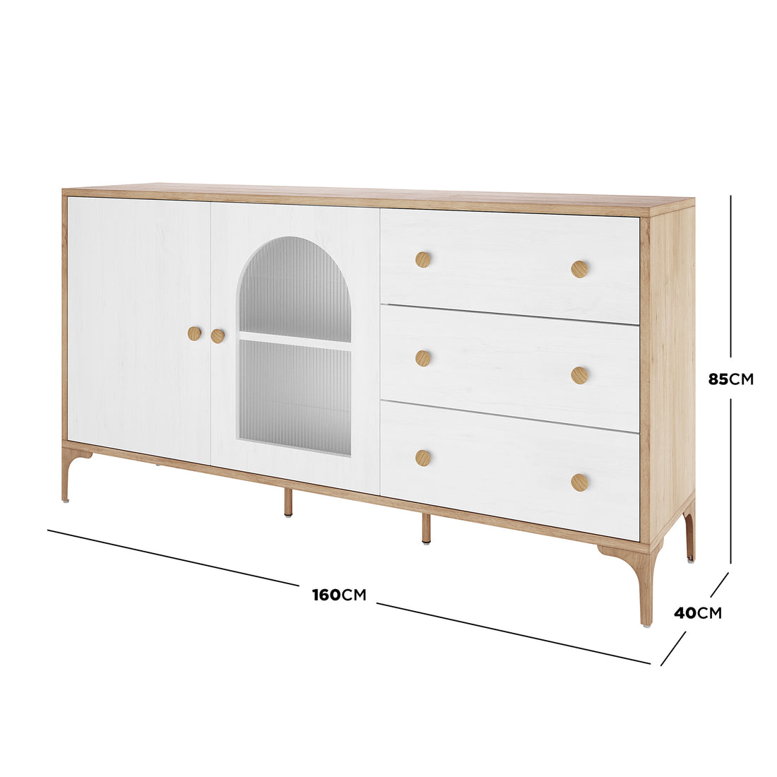 Afra 160cm Sideboard Buffet with Drawers in White & Natural, featuring three drawers with round knobs, two cabinet doors—one with an arched insert, and a light oak frame on slender legs.