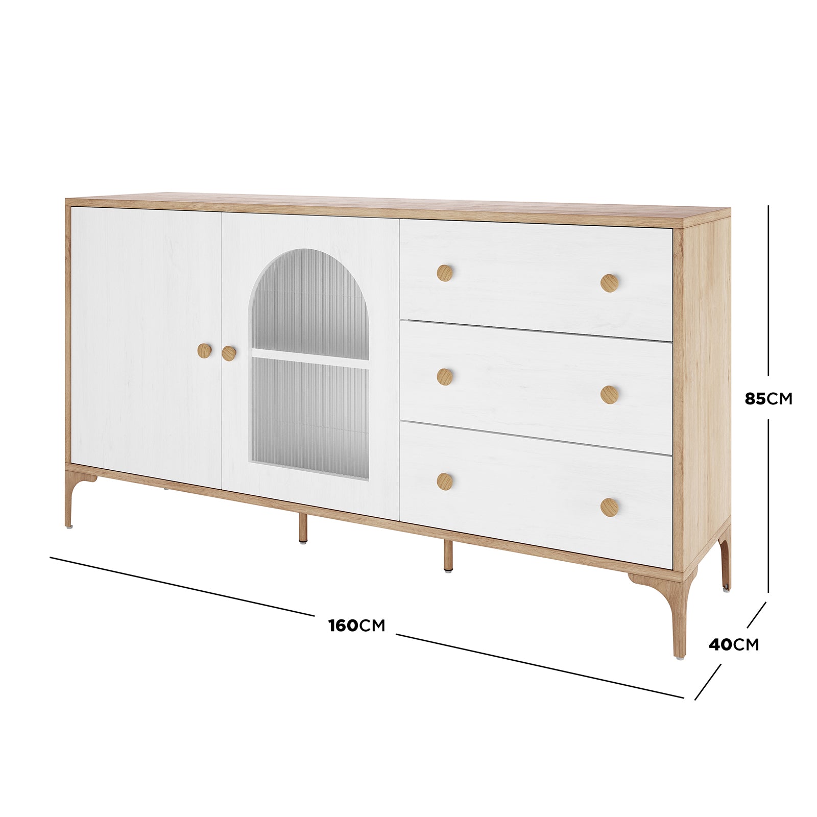 Afra 160cm Sideboard Buffet with Drawers in White & Natural, featuring three drawers with round knobs, two cabinet doors—one with an arched insert, and a light oak frame on slender legs.