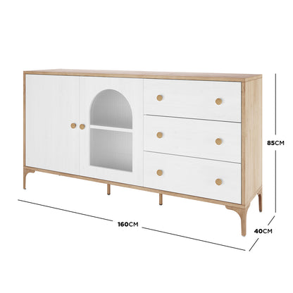 Afra 160cm Sideboard Buffet with Drawers in White & Natural, featuring three drawers with round knobs, two cabinet doors—one with an arched insert, and a light oak frame on slender legs.