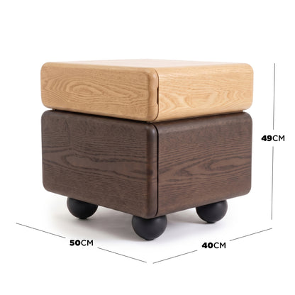Small modern two-tone wooden side table with rounded edges on a white background with dimensions