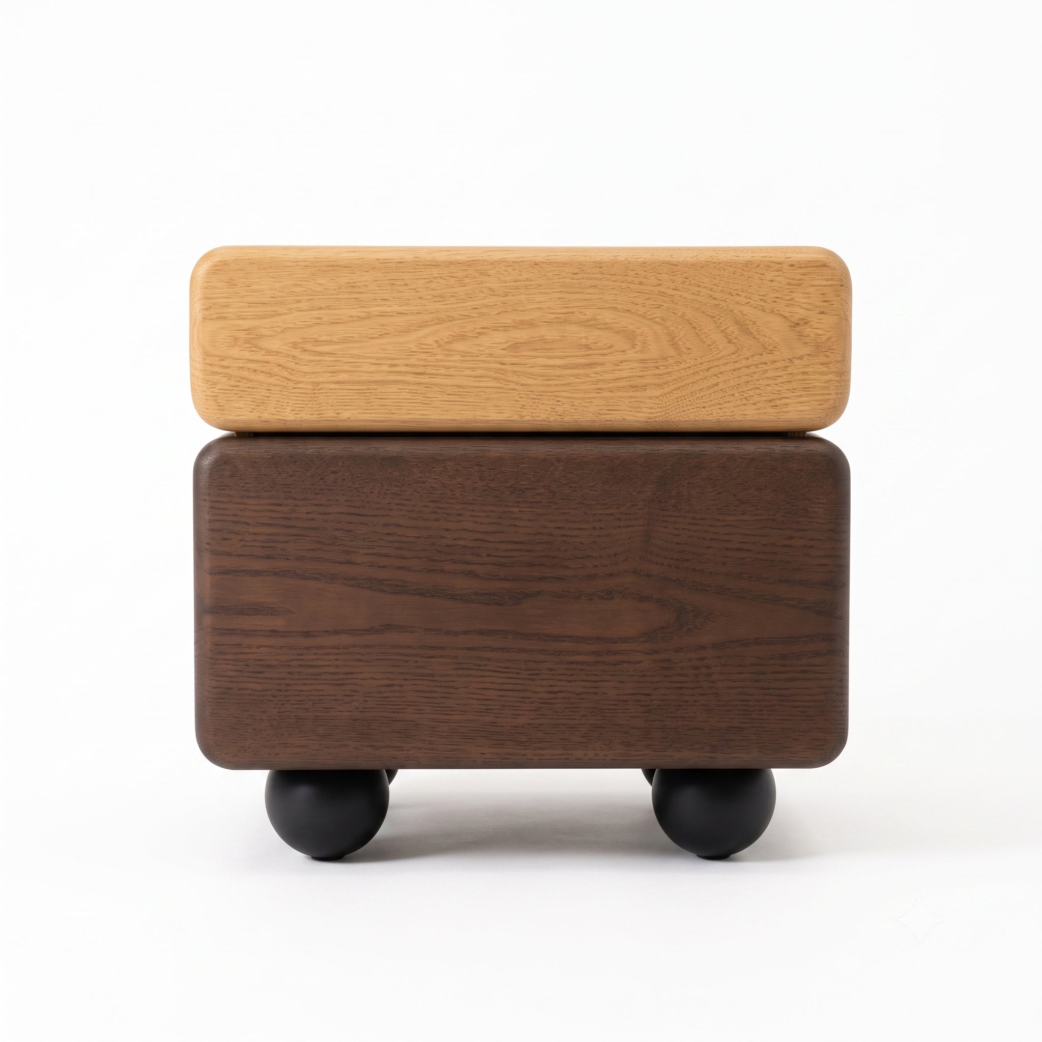 Small modern two-tone wooden side table with rounded edges on a white background
