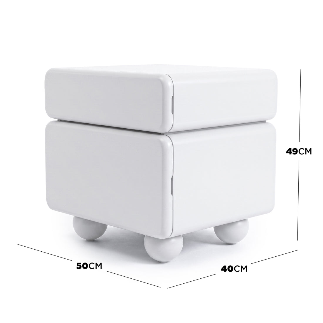 White square side table with rounded corners and measurement labels showing dimensions