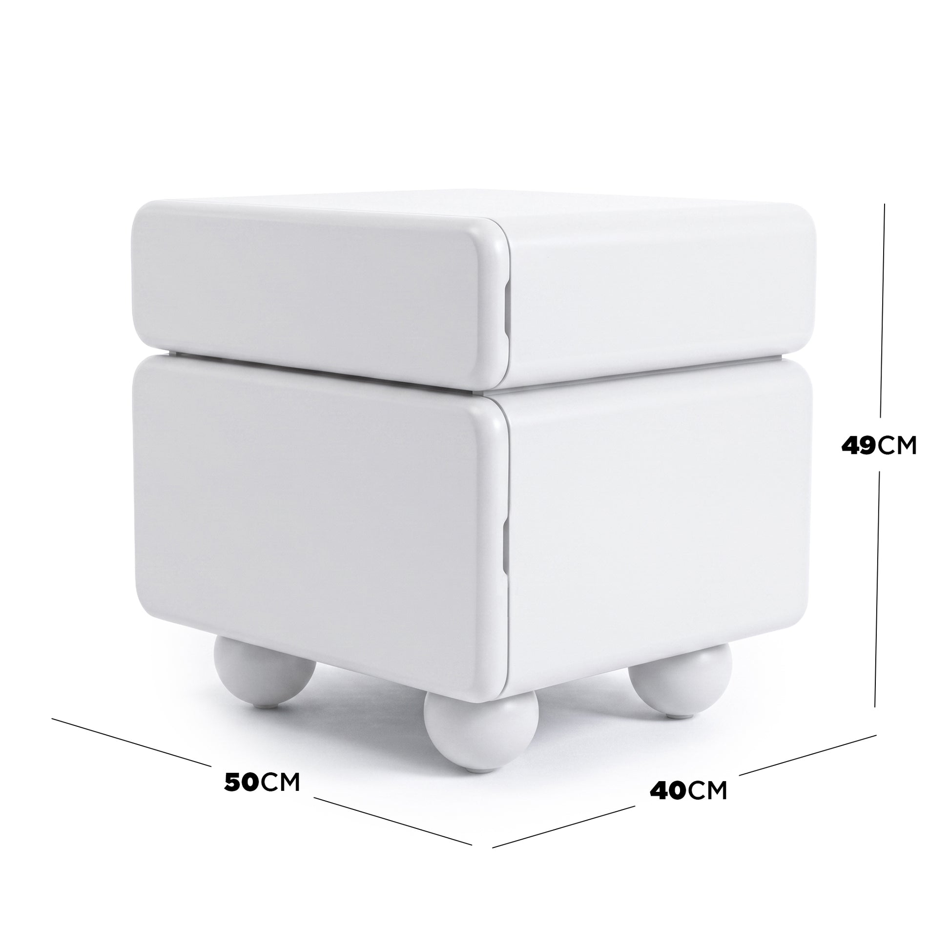 White square side table with rounded corners and measurement labels showing dimensions