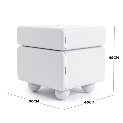 White square side table with rounded corners and measurement labels showing dimensions