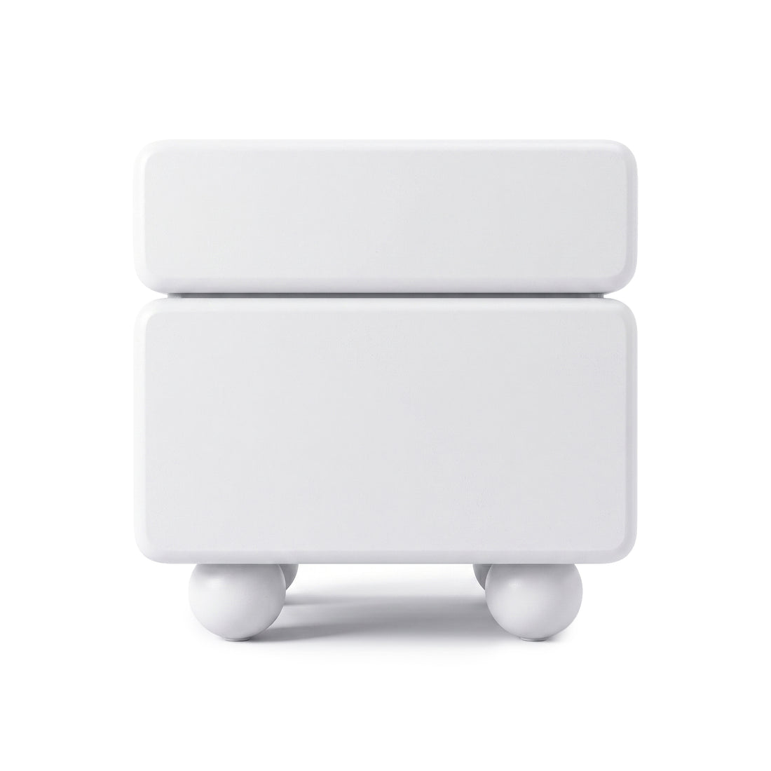 White modern nightstand with rounded edges and spherical legs on a white background