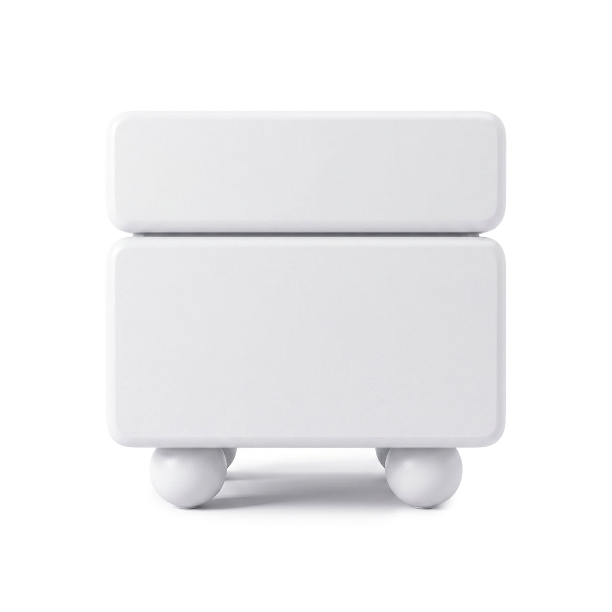 White modern nightstand with rounded edges and spherical legs on a white background