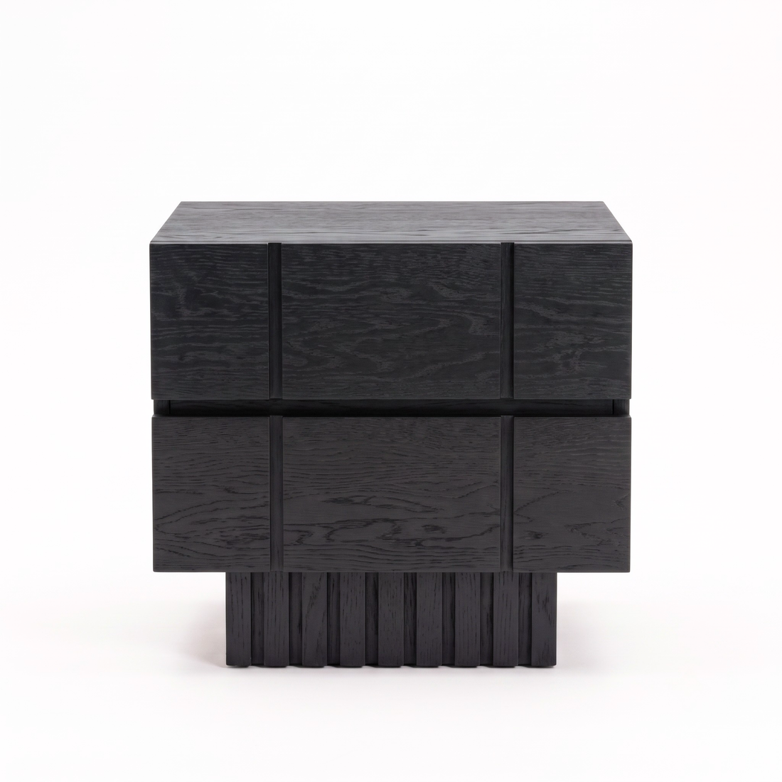 Modern black wooden nightstand shown in full on a white background