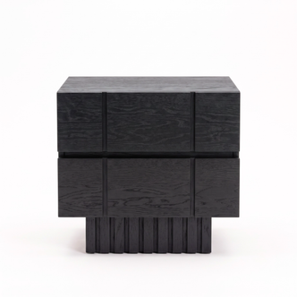 Modern black wooden nightstand shown in full on a white background