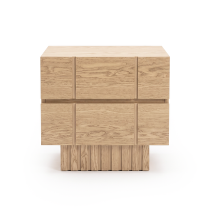 Modern wooden two-drawer nightstand on white background