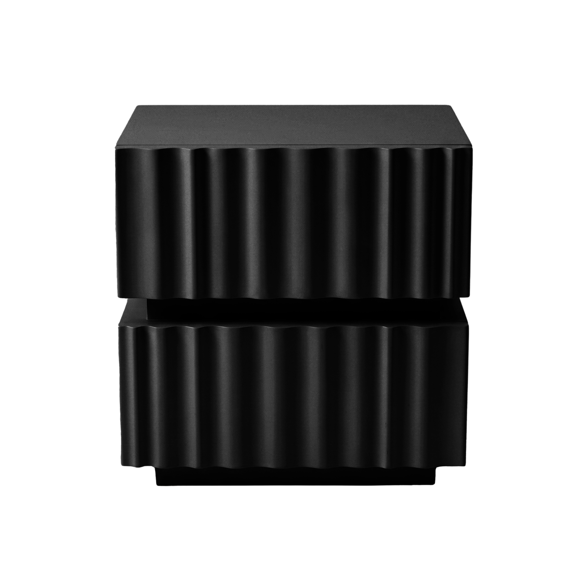 Black modern side table with a ribbed textured design on a white background.