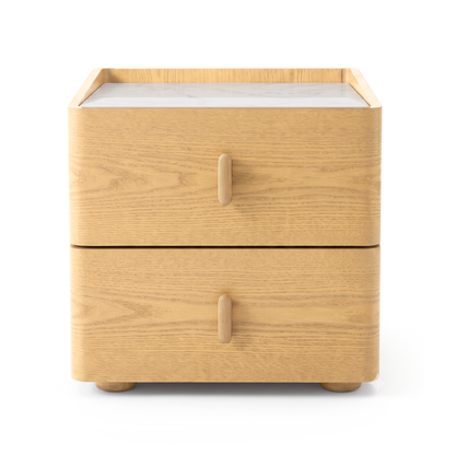 Light wood modern nightstand with two drawers on a white background
