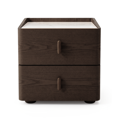 Modern dark wood nightstand with two drawers on a white background.