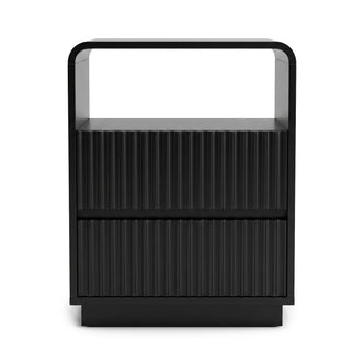 Modern black nightstand with open top shelf and two textured drawer fronts on a white background
