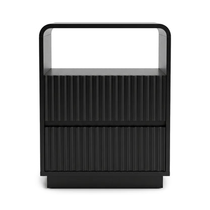 Modern black nightstand with open top shelf and two textured drawer fronts on a white background