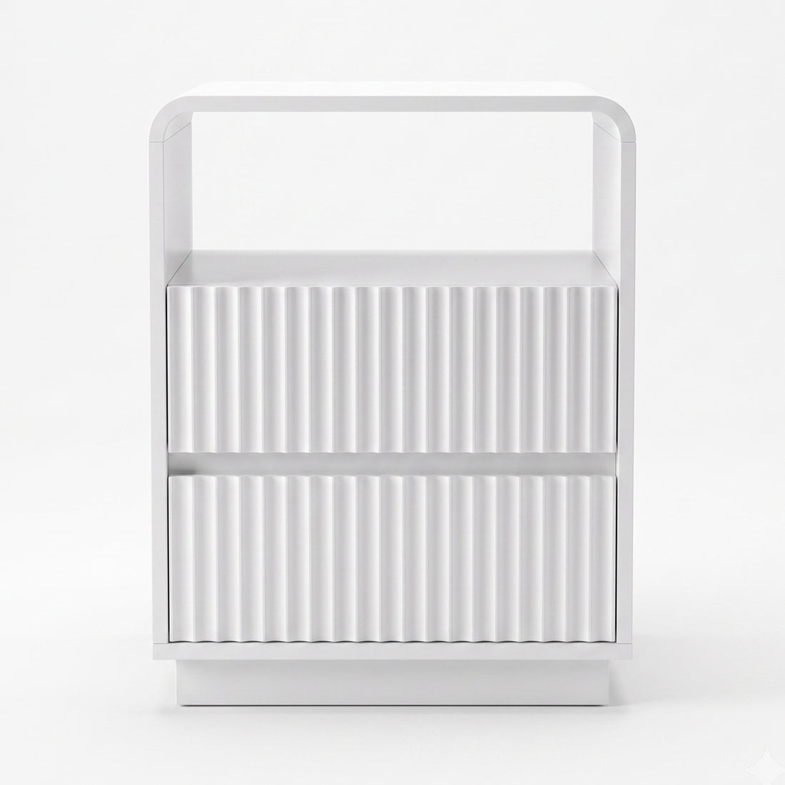 Front view of a white nightstand on a white background with two ribbed drawers and an open shelf.