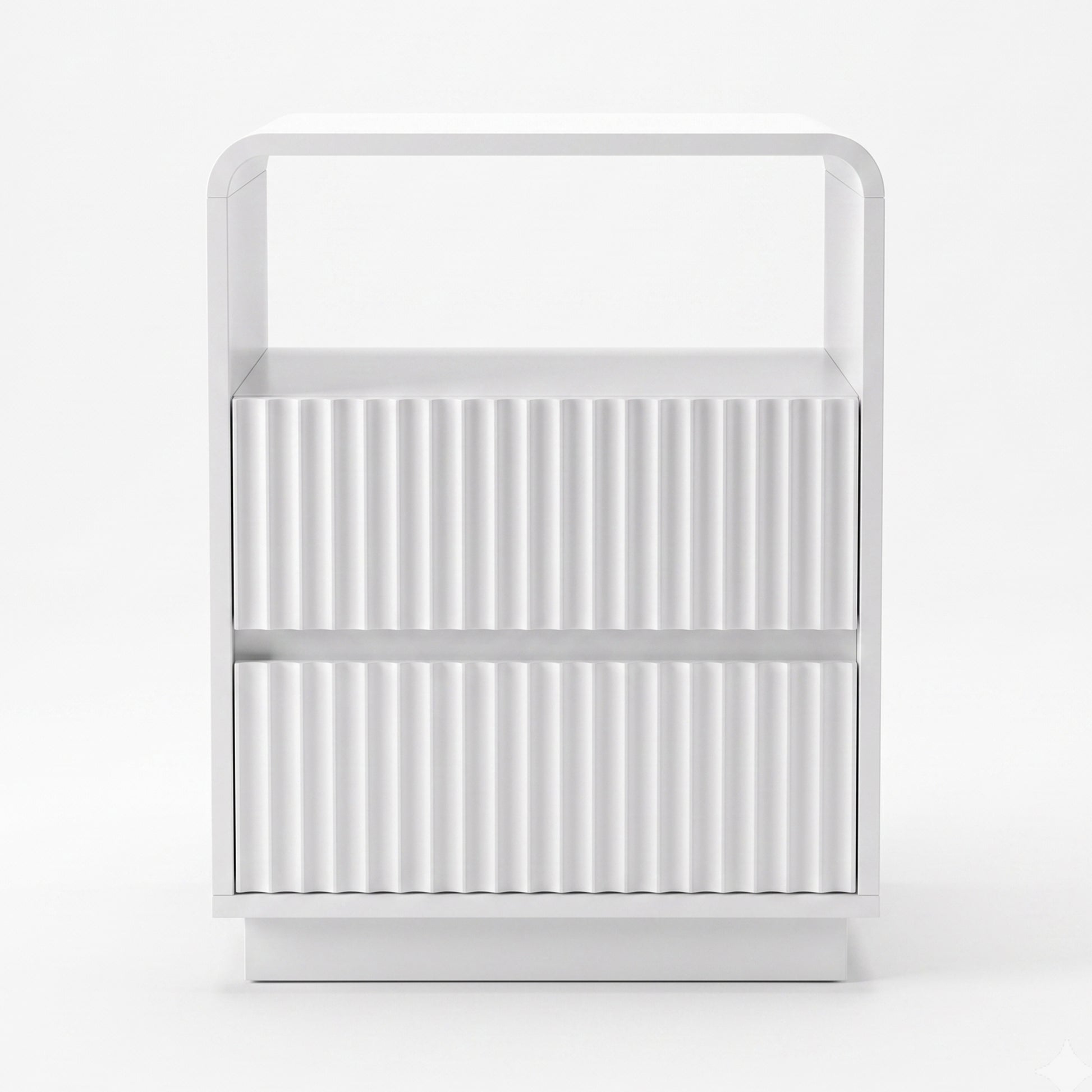 Front view of a white nightstand on a white background with two ribbed drawers and an open shelf.